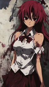 Bloody red-haired schoolgirl stands against stained wall