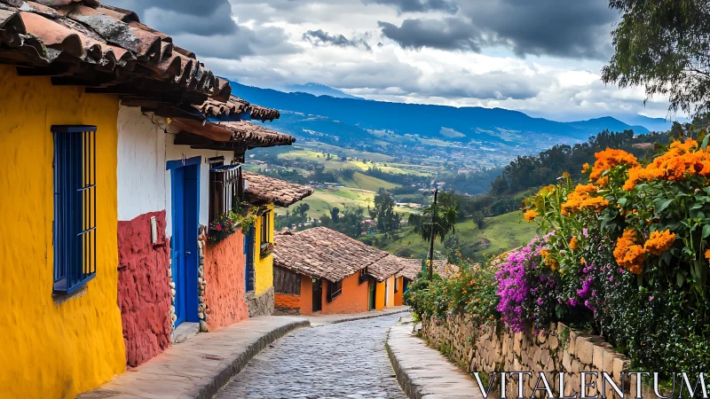 Colorful hillside village street overlooks lush valley