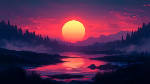 Vibrant digital sunset over misty conifer lake basin