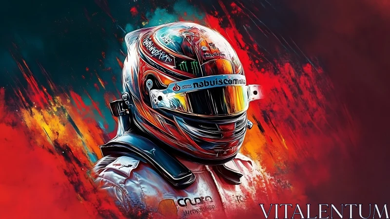 Racing driver portrait in fiery digital neon abstraction.