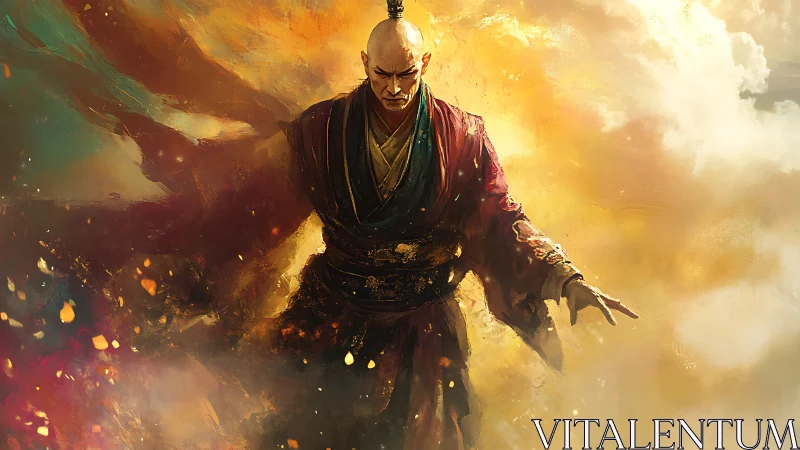 Bald robed figure amid swirling fiery cloud background.