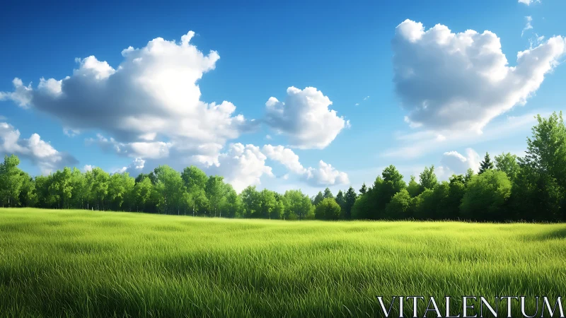 Open grass field extends toward dense tree line under clouds