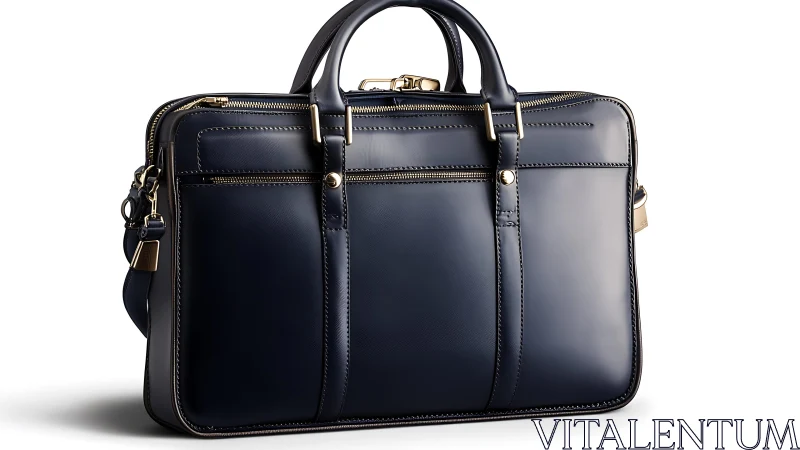 Navy leather briefcase with gold hardware on white backdrop.