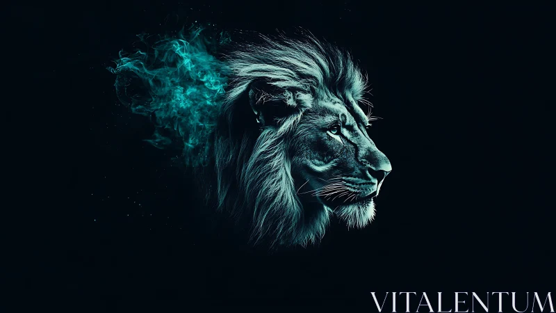 Neon cyan lion profile with smoke dispersion on black field.