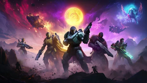 Armored figures stand under luminous alien sky with weapons ready