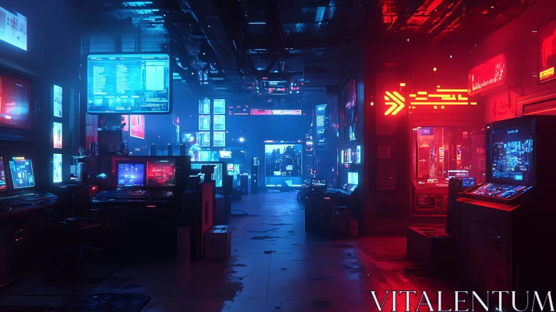 Cyberpunk control room corridor with neon computer workstations