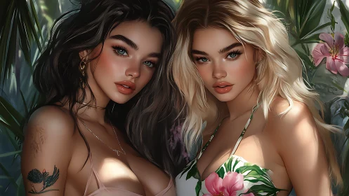 Tropical digital portraits of two glamorous women in bloom