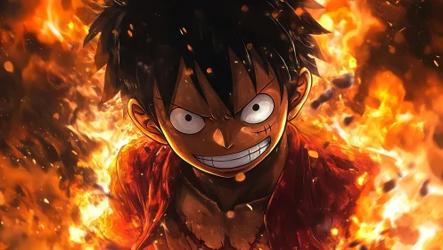 Intense anime combat portrait framed by dynamic flame plumes.