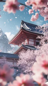 Temple roof dreaming under a storm of cherry blossoms.