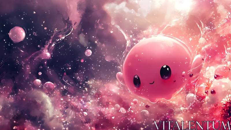 Glowing pink blob character drifts through luminous cosmic nebula field