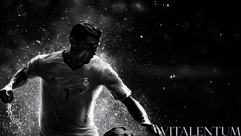 Dynamic soccer player bursting forward under stadium lights.