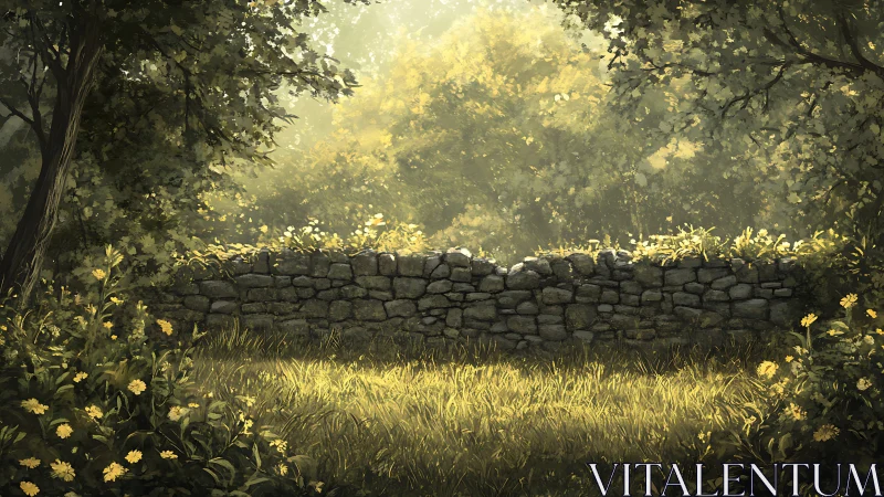 Sunlit forest clearing framed by stone wall under foliage