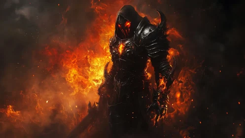 Armored infernal warlord emerges from flames in high contrast