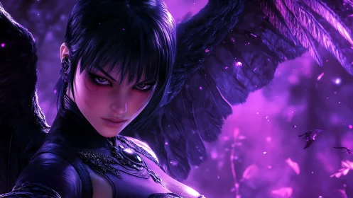 Dark-winged warrior rendered in high-detail violet rim lighting