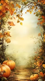 Autumn forest path with pumpkins and golden leaves.