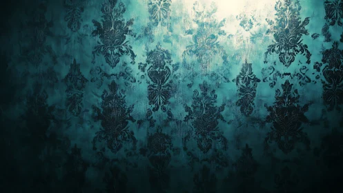 Moody teal damask wall glowing with gentle vintage charm.