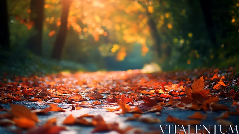 Sunlit forest path glows through carpet of vivid autumn leaves
