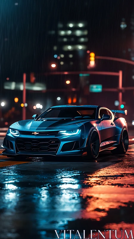 Neon rainstorm muscles a midnight blue street racer.