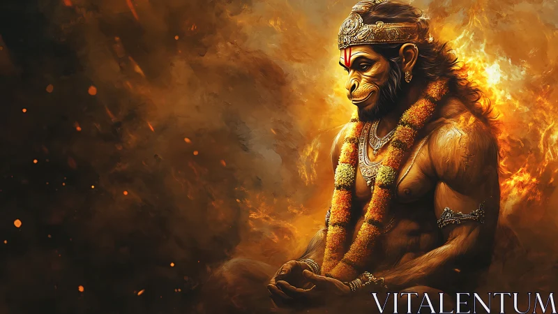 Divine simian warrior in meditative firelit stillness.