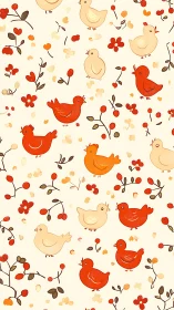 Whimsical poultry scatter with botanical berries in warm palette illustration.