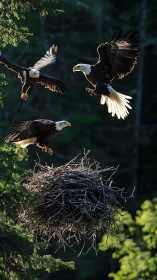 Three bald eagles circle a large stick nest in dense forest