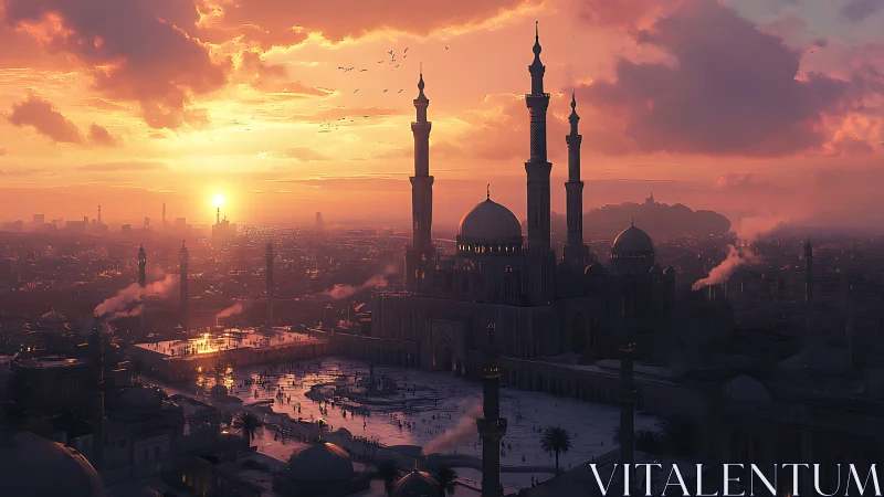 Golden hour over tranquil domes and towering minarets.