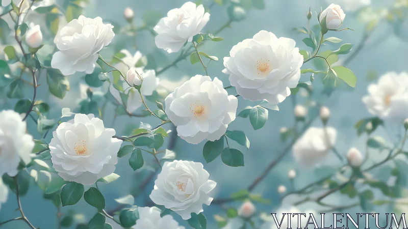Soft digital roses on branches with pale teal bokeh light.