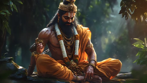 Bearded robed man meditates on forest rock with warm lighting