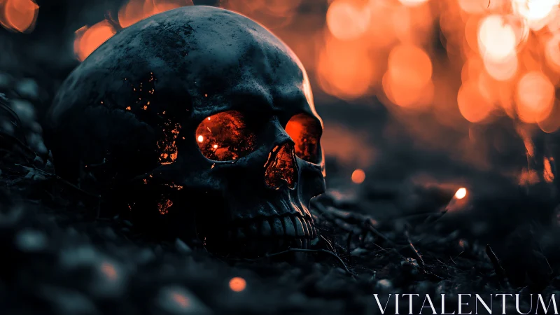 Ember lit skull resting in a twilight forest glow.