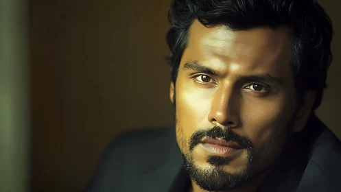 Digital portrait close-up with cinematic low-key lighting aesthetics.