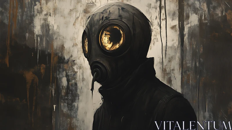 Gas mask figure against distressed abstract wall backdrop.