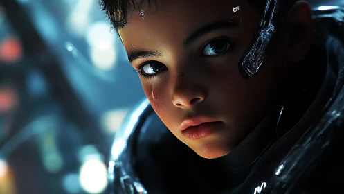 Cyberpunk child portrait with bioluminescent facial augmentations.