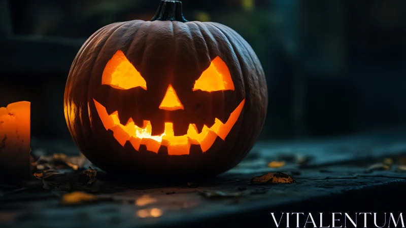 Carved jack o lantern with glowing candle on table.