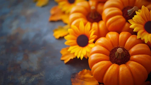 Autumn Arrangement: Pumpkin Sculptures and Sunflower Florals on Weathered Surface.