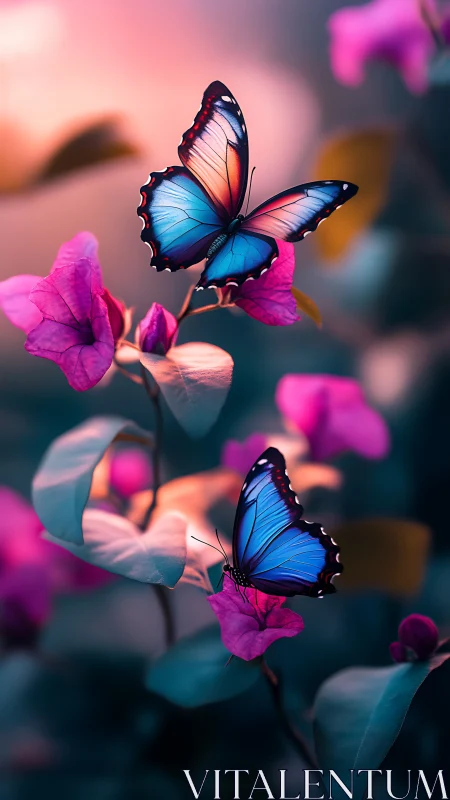 Chromatic blue butterflies on magenta blossoms, bokeh field.