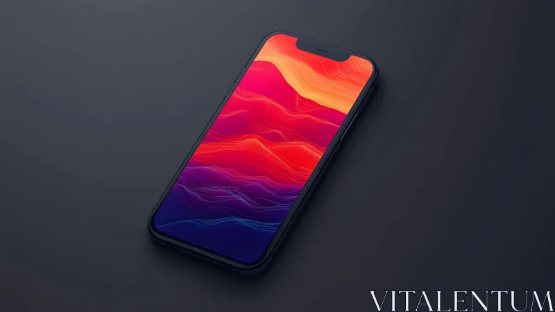 Modern smartphone with vibrant abstract wallpaper on dark surface.