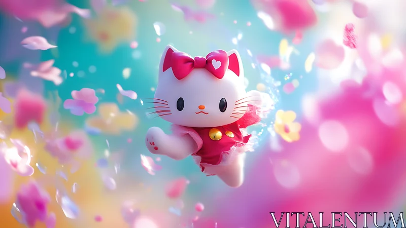 Depth-of-field stylized cat figurine amid dynamic pastel petals