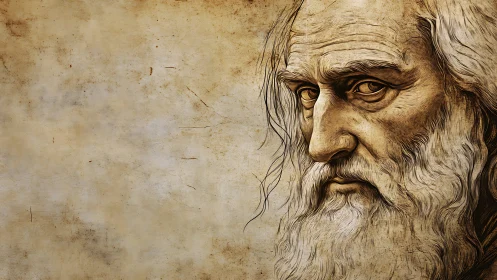 Aged sage portrait in sepia-toned illustrative rendering.