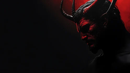 Horned demon profile in red light on black background.