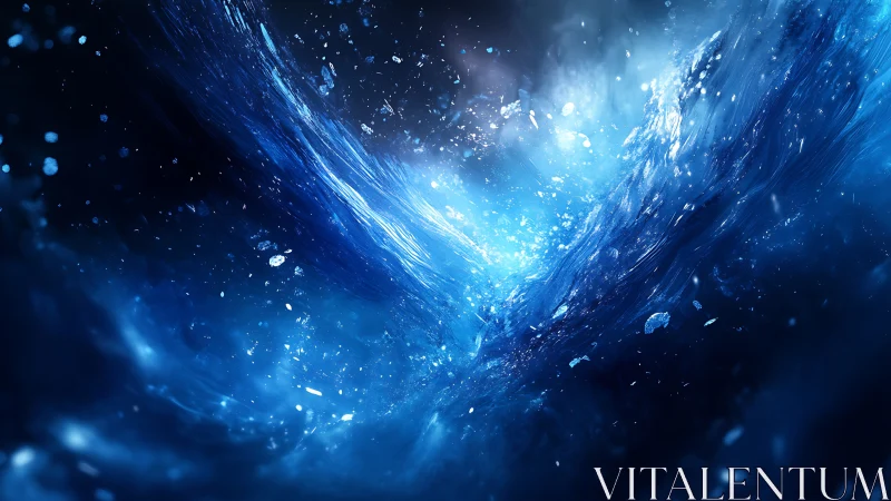 Digital painting of turbulent blue vortex with luminous spray.