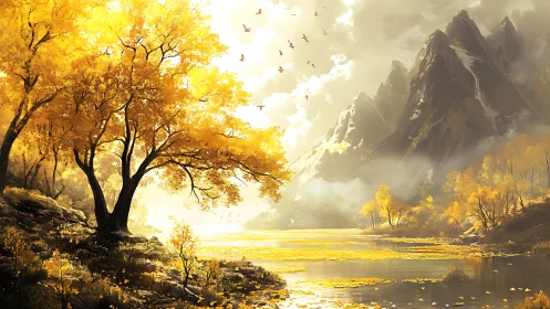 Backlit autumn valley renders golden foliage and misted peaks