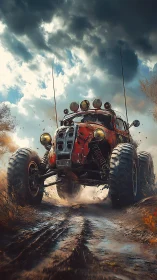 Mud-charging mutant buggy storms a bruised wild sky.