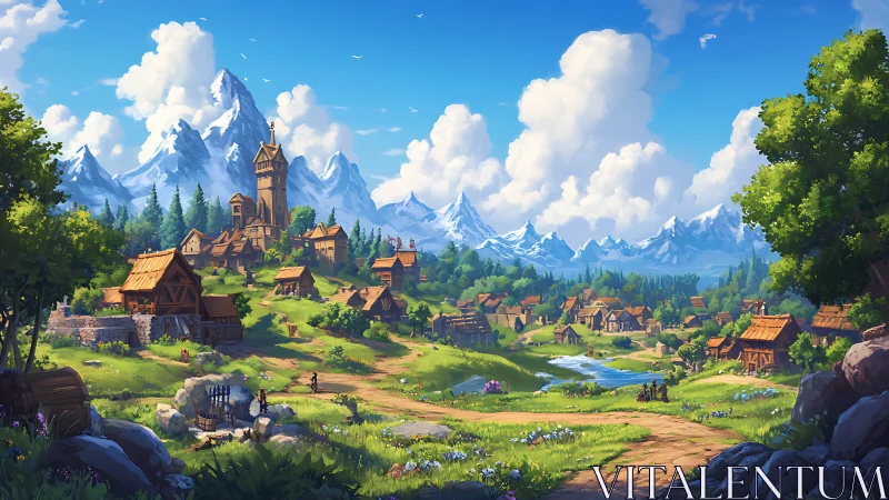 Rural fantasy settlement with mountains and central tower.