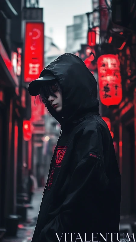 Hooded night wanderer beneath neon crimson alley lanterns.