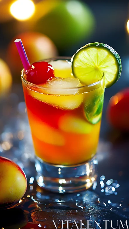 Tropical Citrus Cocktail with Lime and Cherry Garnish.