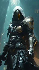 Hooded Paladin Sentinel in Gilded Armor, Vertical Composition.