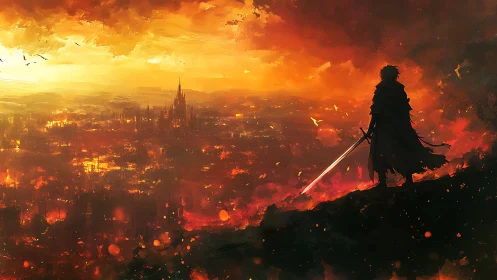 Silhouetted Warrior Overlooking Burning Apocalyptic Cityscape
