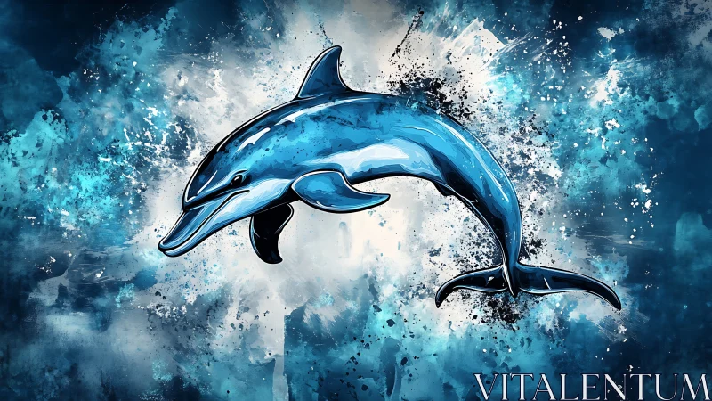 Stylized blue dolphin illustration on abstract splash field.