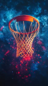 Basketball rim glows in cosmic blue and red nebula field.