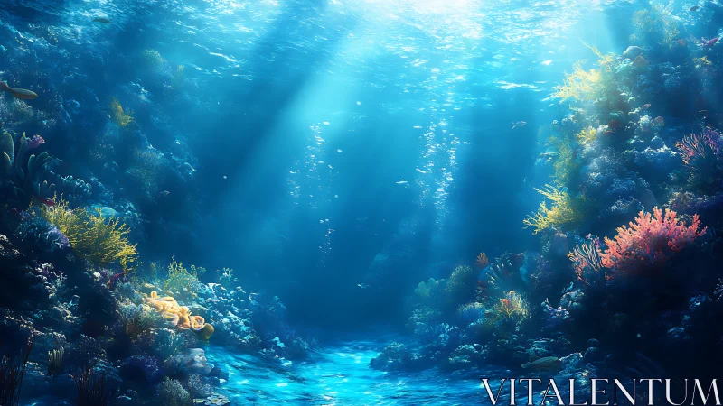 Sunlit coral canyon reveals immersive underwater depth field